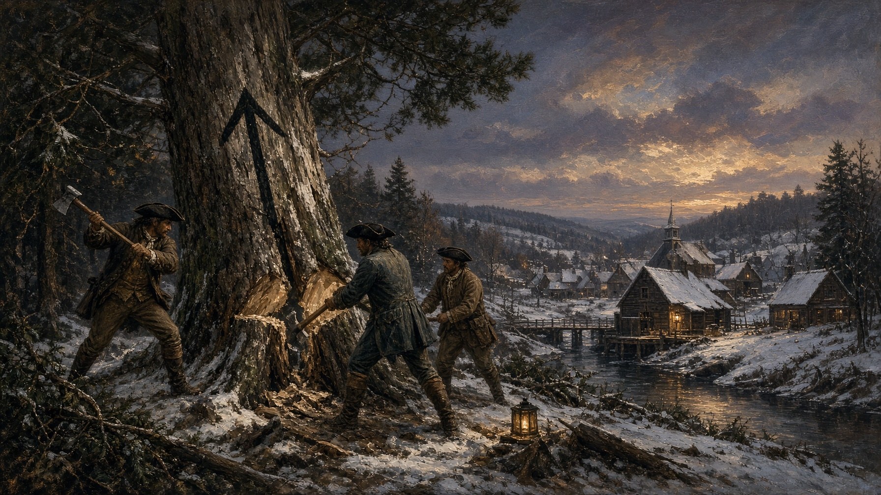 Historical painting of the 1772 Pine Tree Riot in Weare, New Hampshire