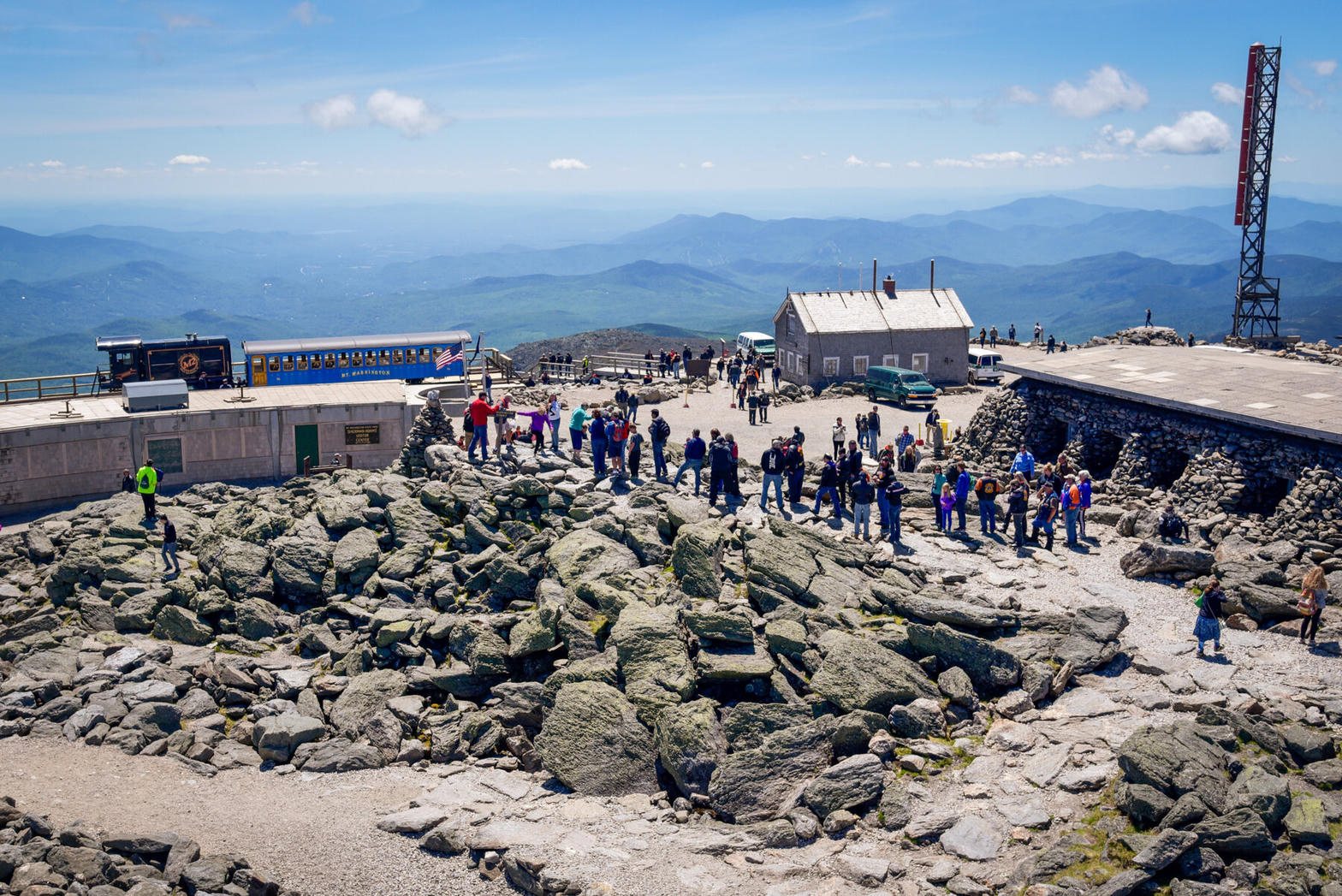 Visitors at the summit of Mount Washington beside the Cog Railway