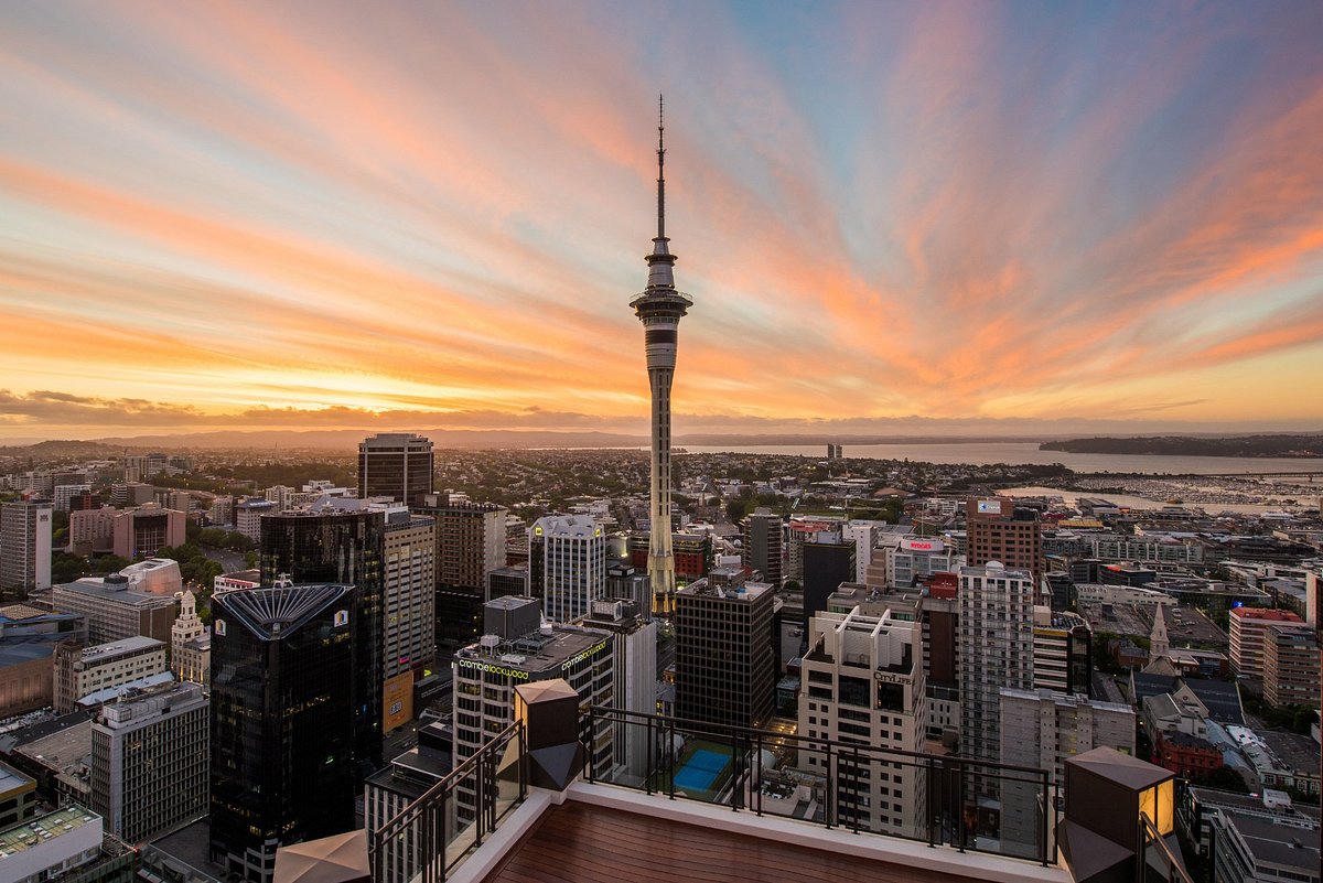 The Auckland skyline and Sky Tower at sunset